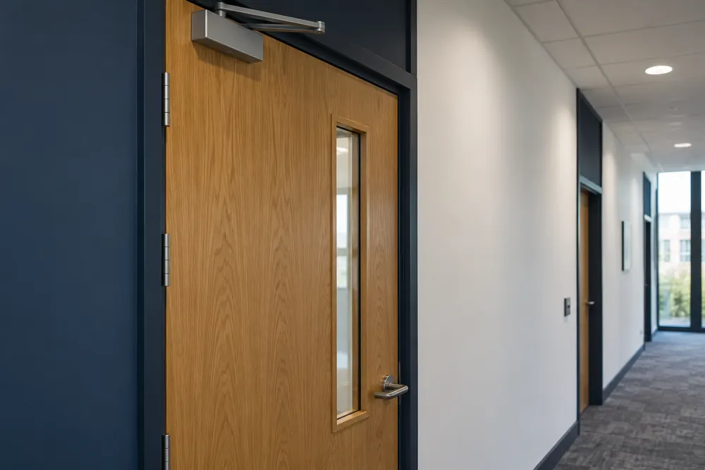 Timber fire door with an overhead closer in a commercial corridor