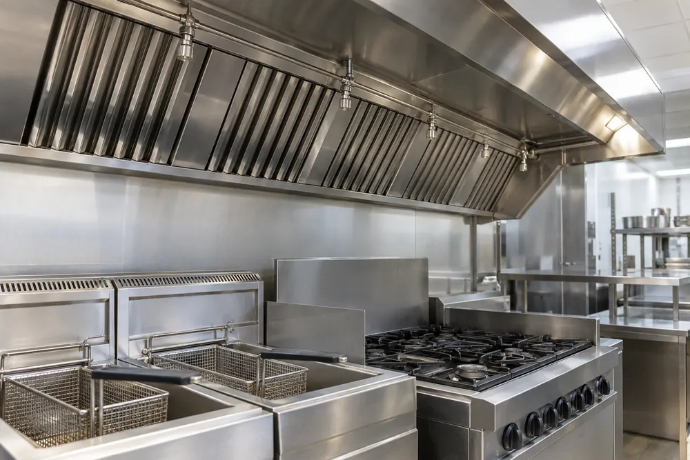 Fixed suppression pipework above a commercial kitchen cooking line